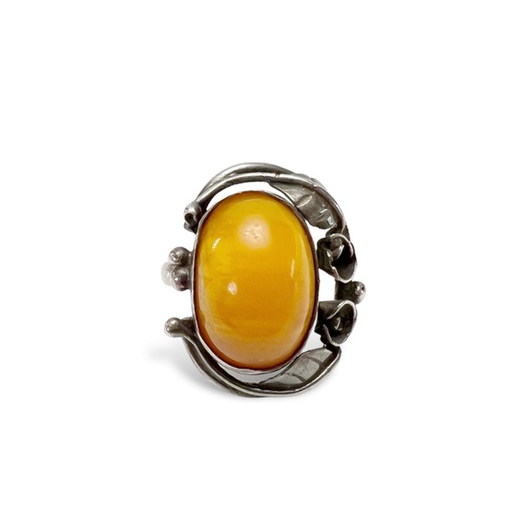 Bague Argent 835 Art Nouveau Avec Ambre Jaune Butterscotch - Taille 56,5 (17,9mm) - Originale Période 1895-1910